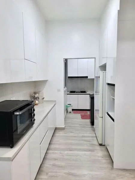 Kitchen features: white cabinetry, white countertops, stainless-steel fridge, black microwave, built-in oven, ceramic tile flooring, recessed lighting, open layout, wall-mounted cabinets, kitchen island, neutral wall color; style: modern.