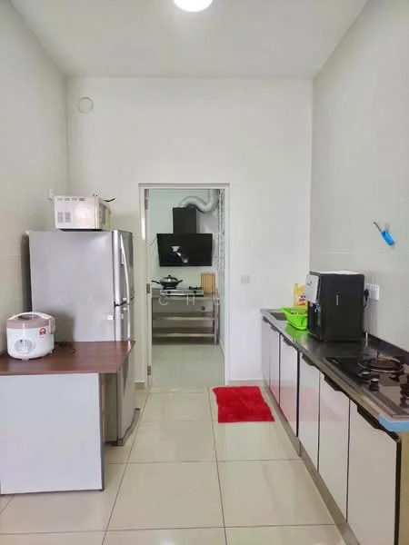Kitchen features: white cabinets, black countertop, stainless-steel fridge, built-in oven, 4-burner gas hob, rice cooker, kitchen sink, tile flooring, recessed ceiling lights, open layout, red area rug; style: modern.