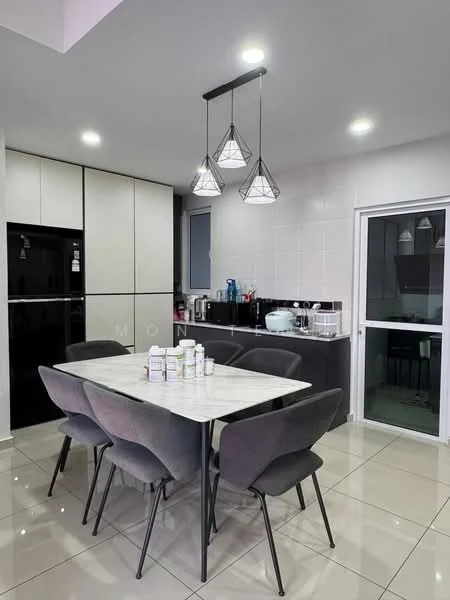 Dining features: 6-seater dining table with marble top, upholstered dining chairs in grey, pendant lighting with geometric design, white tiled walls, black cabinetry, stainless-steel appliances, refrigerator, kitchen countertop, ceramic tile flooring, floor-to-ceiling windows, open layout to kitchen; style: modern.