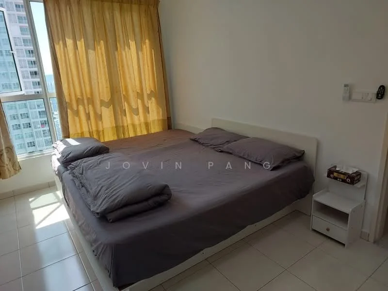 Bedroom features: queen-size bed with grey bedding, two grey pillows, white bed frame, floor-to-ceiling windows, sheer yellow curtains, white tiled flooring, nightstand with drawer, wall-mounted intercom panel; style: modern; view: city.