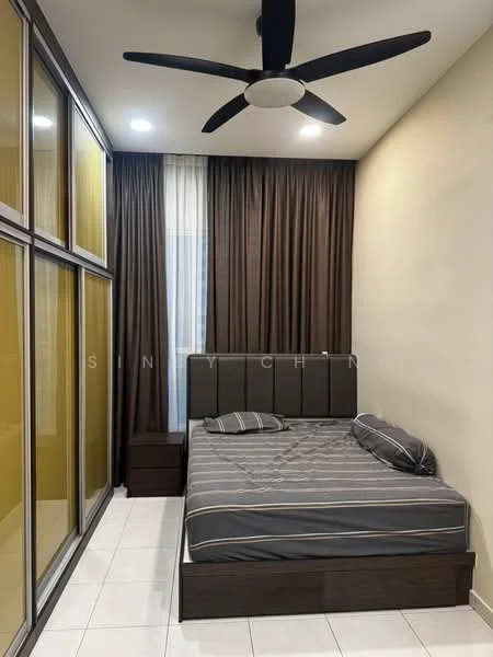 Bedroom features: queen-size bed, upholstered headboard, 2 bedside tables, built-in wardrobe with sliding doors, grey bedding with stripes, floor-to-ceiling window with sheer curtains, dark brown curtains, white tiled flooring, 5-blade ceiling fan with light, decorative wall, wall-mounted light fixtures; style: modern.