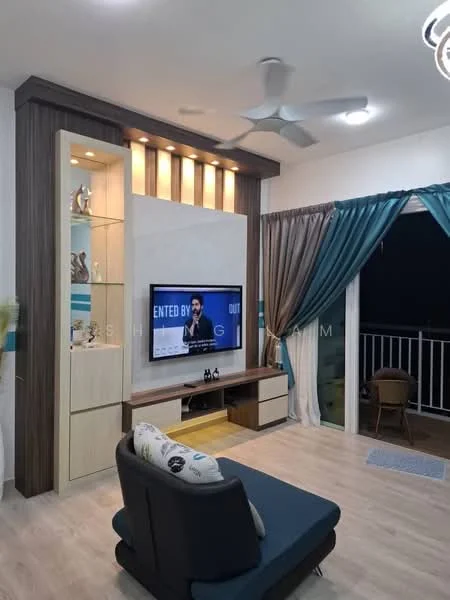 Living features: 3-seater fabric sofa in navy blue, wall-mounted TV, TV console with storage, wood panel feature wall, recessed lighting, ceiling fan with light, curtains in teal and beige, decorative shelving unit, laminate flooring, area rug, balcony access, decorative plants; style: modern; view: city.