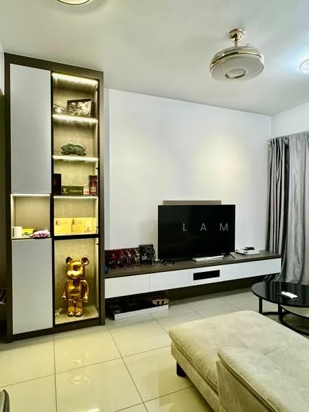 Living features: white painted walls, glossy tile flooring, ceiling with recessed lighting, 5-blade ceiling fan, wall-mounted TV, TV console with storage, decorative shelving unit, decorative items on shelves, grey curtains, round glass coffee table, beige sectional sofa; style: modern.
