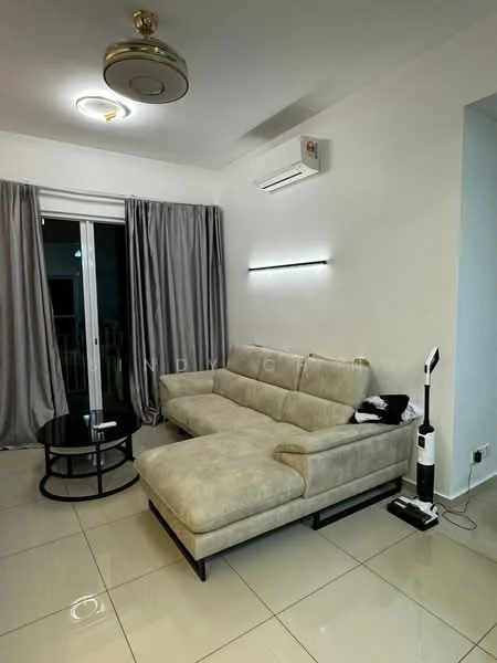 Living features: L-shape sectional sofa in light beige fabric, round glass coffee table with black base, floor-to-ceiling sliding glass door, grey sheer curtains, wall-mounted LED light, 1 wall-mounted split AC, glossy ceramic tile flooring, ceiling fan with light, decorative wall panel; style: modern.