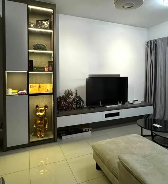 Living features: white painted walls, glossy tile flooring, recessed lighting, built-in shelving unit with display lighting, black television unit, decorative gold statue, grey curtains, round coffee table, beige sectional sofa; style: modern.