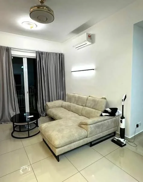 Living features: L-shape sectional sofa in light beige fabric, black round coffee table, white painted walls, glossy tile flooring, 5-blade ceiling fan with light, wall-mounted air conditioning unit, floor-to-ceiling sliding glass door, grey curtains, vacuum cleaner, LED wall lighting; style: modern.