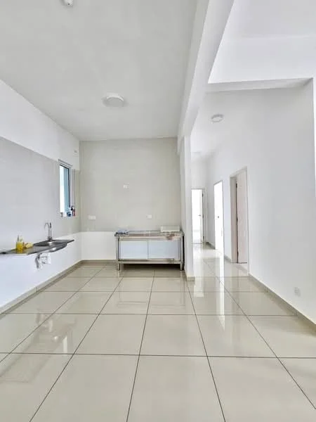 Kitchen features: white painted walls, glossy beige floor tiles, single-bowl stainless-steel sink, chrome faucet, stainless-steel countertop, recessed ceiling lights, open layout, window with natural light; style: modern. Hallway features: white painted walls, glossy beige floor tiles, doorway leading to other rooms, recessed ceiling lights; style: modern.
