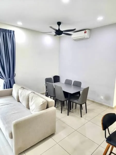 Dining features: 6-seater dining table, grey upholstered dining chairs, white walls, recessed downlights, 5-blade ceiling fan, wall-mounted split AC, large window with blue curtains, tile flooring; style: modern. Living features: 3-seater fabric sofa in beige, neutral colour palette, tile flooring; style: modern.