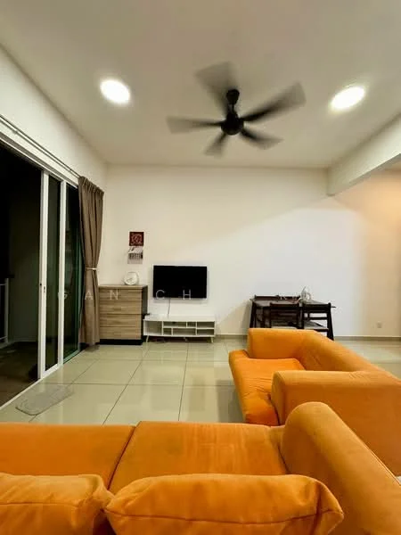 Living features: orange fabric L-shape sectional sofa, 2-seater orange fabric sofa, wall-mounted TV, TV console, ceiling fan with 5 blades, floor-to-ceiling sliding glass door, curtains, tile flooring, white painted walls, recessed ceiling lights, dining table, decorative wall clock; style: modern; view: garden.