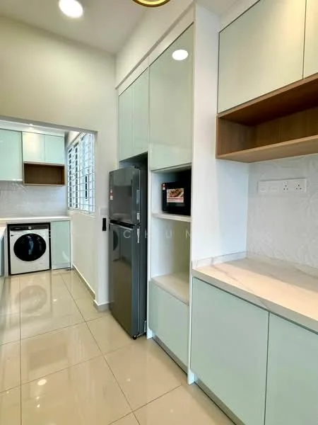 Kitchen features: light green cabinetry, white countertop, built-in fridge, built-in microwave, stainless-steel washing machine, ceramic tile flooring, wall-mounted cabinets, window with grid pattern, recessed lighting; style: modern.