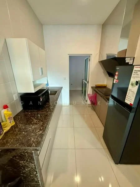 Kitchen features: white cabinetry, black granite countertop, stainless-steel sink, chrome pull-down faucet, built-in oven, freestanding range oven, black refrigerator, ceramic tile flooring, white tiled walls, under-cabinet lighting, open shelving, kitchen island, window with view to hallway; style: modern.