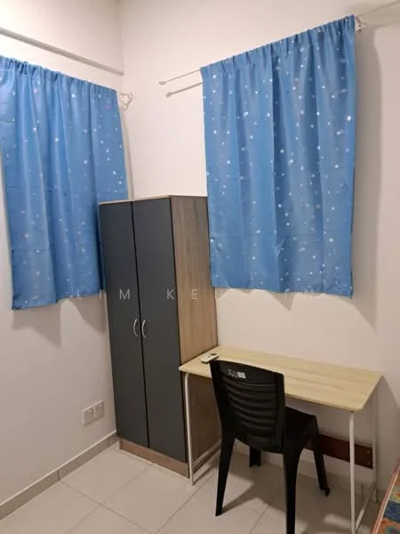 Room features: blue curtains with star pattern, white painted walls, light-colored desk, black plastic chair, two-tone wardrobe with wood and grey finish, tile flooring, single light fixture on ceiling; style: minimalist.
