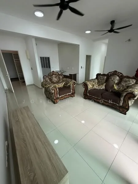 Living features: two ornate armchairs with floral upholstery, 3-seater wooden sofa with dark upholstery, wooden TV console, white painted walls, glossy tile flooring, recessed ceiling lights, two ceiling fans, open layout to adjacent room, large window for natural light; style: modern.