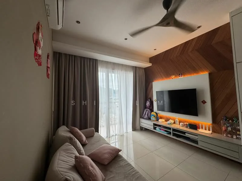 Living features: 3-seater fabric sofa in beige, pink decorative cushions, wall-mounted TV, TV console with storage, wood accent wall with herringbone pattern, recessed LED lighting, floor-to-ceiling windows with sheer curtains, white tiled flooring, wall-mounted split AC, decorative items on console; style: modern; view: city.