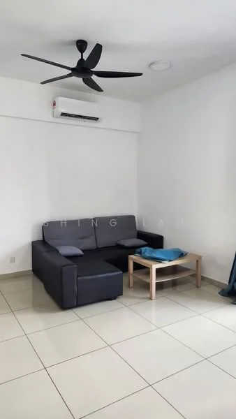 Living features: 3-seater fabric sofa in dark grey, coffee table with wooden legs, wall-mounted split AC, white painted walls, glossy ceramic tile flooring, ceiling fan, blue throw blanket on sofa, curtains in dark blue; style: modern.