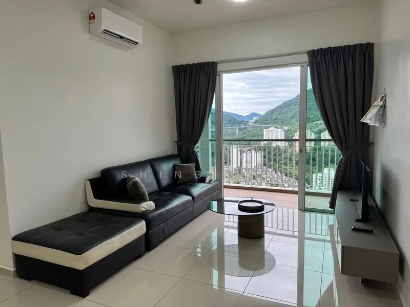 Living features: black and white sectional sofa, glass coffee table, wall-mounted TV, TV console, floor-to-ceiling windows, curtains, air conditioning unit, glossy tile flooring, mountain view; style: modern; view: mountain.