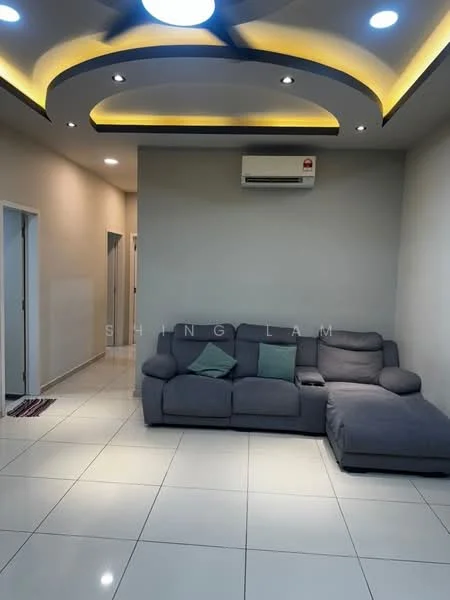 Living features: grey fabric sectional sofa, 3 cushions on sofa, white tiled flooring, recessed ceiling with LED lighting, wall-mounted split AC unit, cream painted walls, doorway leading to other rooms, area rug at entrance; style: modern.