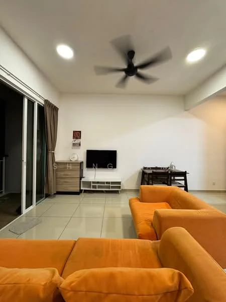Living features: orange fabric sofa, 3-seater sofa, 2-seater sofa, ceiling fan, wall-mounted TV, TV console, glass sliding doors, tile flooring, neutral painted walls, curtains, dining table, decorative wall art; style: modern.