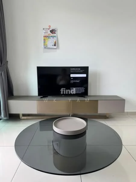 Living features: flat-screen TV on console, TV console in grey with gold accents, round glass coffee table, white ceramic decorative bowl, grey curtains, white painted walls, glossy tile flooring, recessed lighting; style: modern.