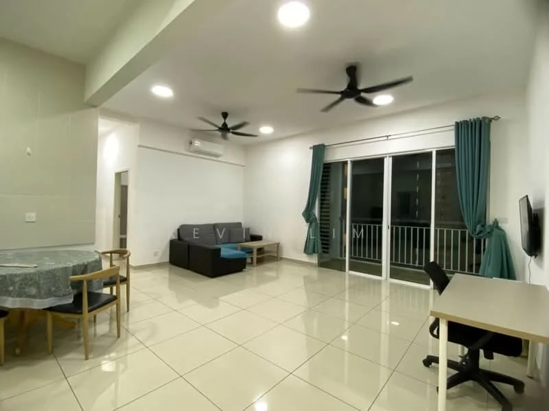 Living features: white painted walls, glossy tile flooring, 2 ceiling fans, floor-to-ceiling sliding glass door, curtains in teal, sofa in dark grey, dining table with 4 chairs, study desk with chair, wall-mounted TV; style: modern; view: city.