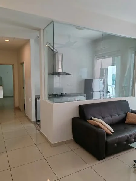 Living features: black leather sofa, decorative cushions, glass partition, tile flooring, ceiling fan, wall-mounted exhaust hood, kitchen countertop visible, open layout, natural light from windows; style: modern. Room features: white painted walls, doorway leading to kitchen, visible kitchen appliances.