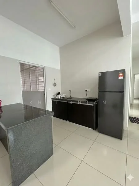 Kitchen features: grey granite countertop, black cabinetry, stainless-steel fridge, single-bowl stainless-steel sink, chrome pull-down faucet, wall-mounted electrical outlets, tile flooring, white painted walls, window with blinds; style: modern.