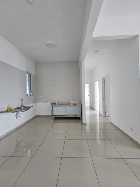 Kitchen features: white painted walls, grey accent wall, glossy ceramic tile flooring, single-bowl stainless-steel sink, chrome pull-down faucet, kitchen island with storage, recessed downlights, large window for natural light; style: modern. Room features: white painted walls, glossy ceramic tile flooring, doorway leading to other rooms, recessed downlights.