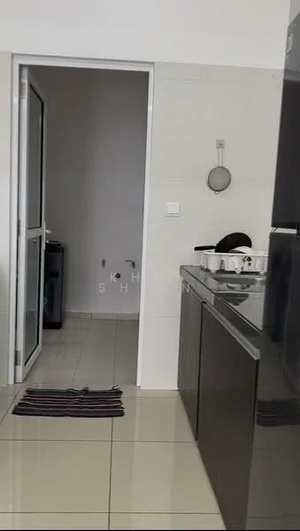 Kitchen features: grey cabinetry, stainless-steel sink, chrome pull-down faucet, ceramic tile flooring, white tiled walls, built-in oven, freestanding refrigerator, countertop with space for appliances, doorway leading to another room, striped area rug; style: modern.