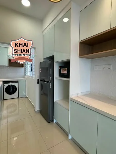 Kitchen features: white cabinets with glass fronts, grey lower cabinets, light-coloured countertop, built-in microwave, stainless-steel fridge, front-load washing machine, ceramic tile flooring, recessed downlights, window with grille, wall-mounted electrical outlets; style: modern.