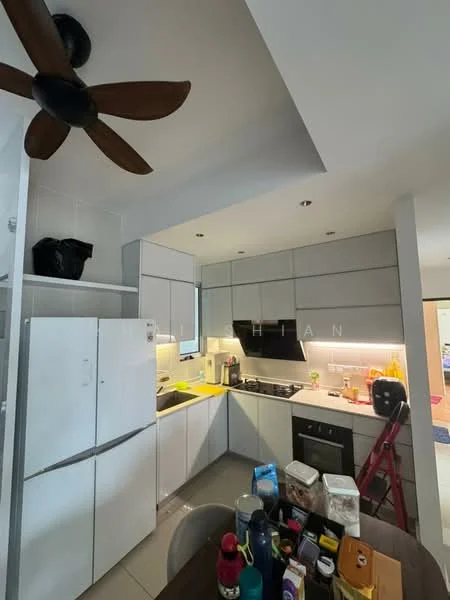 Kitchen features: white cabinetry with grey accents, stainless-steel fridge, built-in oven, 4-burner gas hob, black range hood, yellow countertop, ceramic tile flooring, ceiling fan with 5 blades, open shelving, sink, kitchen utensils and appliances on countertop, wall-mounted TV, window with natural light; style: modern.