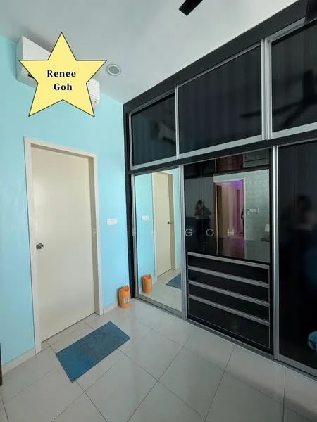 Room features: light blue painted walls, white door, mirror wardrobe with black frame, built-in cabinets with black finish, tile flooring, ceiling fan, blue doormat, orange storage bins; style: modern.