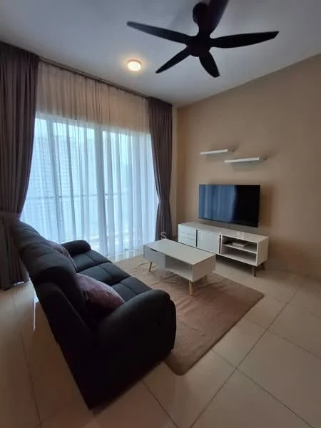 Living features: 3-seater fabric sofa in black, coffee table with white surface and wooden legs, wall-mounted TV, TV console with storage, floor-to-ceiling windows, sheer curtains, dark grey accent wall, light beige tiled flooring, ceiling fan with 3 blades, area rug in neutral color; style: modern; view: city.