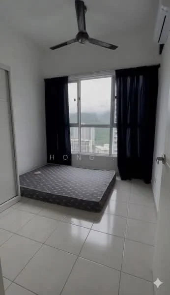 Bedroom features: white painted walls, white tiled flooring, ceiling fan, floor-to-ceiling window, blackout curtains, unmade mattress on bed frame, built-in wardrobe with sliding door, view of city skyline; style: modern; view: city.