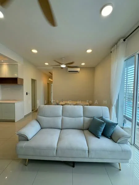 Living features: 3-seater fabric sofa in light grey, 2 decorative cushions in teal, recessed LED downlights, ceiling fan with light, large sliding glass door, white sheer curtains, cream painted walls, glossy tile flooring, air conditioning unit on wall, open layout to kitchen area; style: modern.