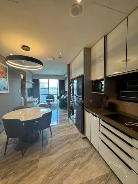Kitchen features: white cabinetry with flat-panel design, black countertop, stainless-steel fridge, built-in microwave, freestanding range oven, single-bowl stainless-steel sink, chrome pull-down faucet, marble tile flooring, recessed downlights, pendant light fixture, round dining table, 4 upholstered dining chairs, open layout to living area; style: modern; view: city.