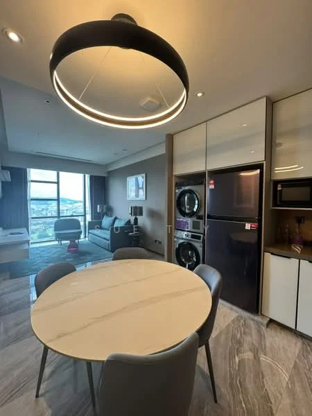 Dining features: round dining table with marble top, 4 upholstered dining chairs in grey, pendant light fixture, floor-to-ceiling windows, grey sofa in background, black refrigerator, built-in microwave, washer-dryer combo, light-colored cabinetry, marble tile flooring, painted walls in neutral color, recessed downlights; style: modern; view: city.