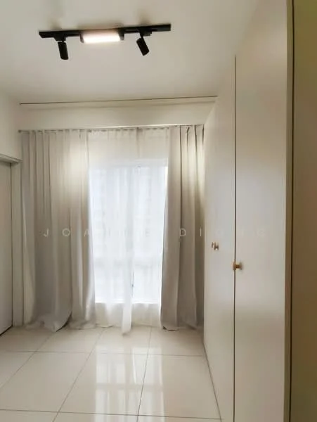 Room features: white walls, floor-to-ceiling window, sheer curtains, recessed lighting, glossy tile flooring, built-in wardrobe with wooden handles; style: modern.