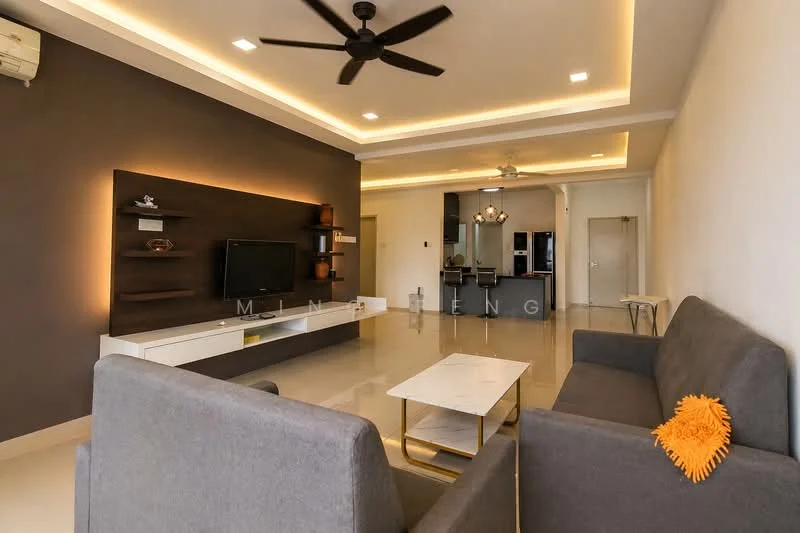 Living features: grey fabric sofa, 2-seater sofa, coffee table with marble top, wall-mounted TV, TV console with storage, feature wall with recessed lighting, ceiling fan, LED strip lighting, cream painted walls, light-colored flooring, open layout to kitchen, decorative orange cushion; style: modern.