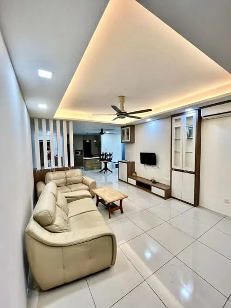 Living features: cream leather sofa, wood coffee table, wall-mounted TV, built-in cabinetry with glass doors, recessed LED downlights, ceiling fan, white painted walls, glossy tile flooring, decorative ceiling with LED strip lighting; style: modern.