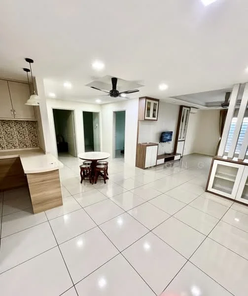 Living features: white painted walls, glossy ceramic tile flooring, 5-blade ceiling fan with light, recessed downlights, wall-mounted TV, TV console, dining table with chairs, built-in cabinetry, open layout, large windows with natural light; style: modern. Kitchen features: white cabinetry, light wood cabinetry, countertop with breakfast bar, mosaic tile backsplash, stainless-steel sink, built-in appliances, open layout to living area; style: modern. Room features: doorway leading to other rooms, neutral color scheme.
