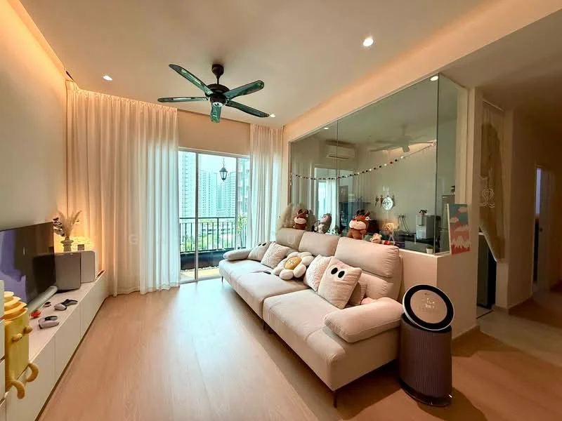 Living features: 3-seater fabric sofa in beige, floor-to-ceiling windows, sheer curtains, 5-blade ceiling fan with light, light wood flooring, wall-mounted TV, TV console, decorative wall art, decorative items on shelves, open balcony view, area rug with geometric pattern; style: modern; view: city.