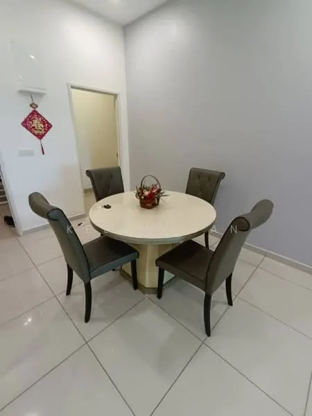 Dining features: round dining table, 4 upholstered dining chairs in grey, white tabletop, ceramic tile flooring, light grey painted walls, decorative centerpiece with flowers, wall-mounted air conditioning unit, doorway leading to another room; style: modern.
