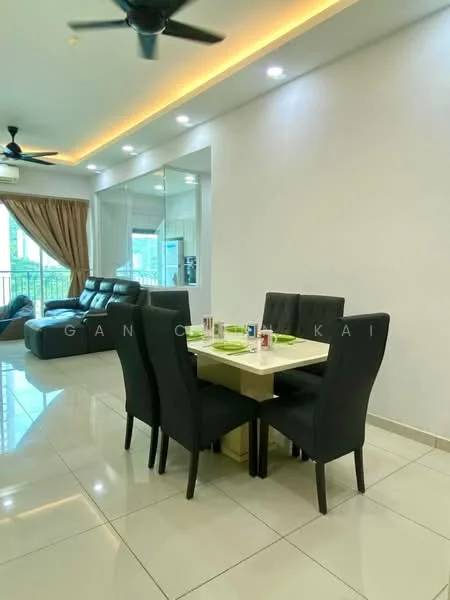 Dining features: 4-seater dining table, black upholstered dining chairs, white tabletop, recessed ceiling lights, wall-mounted mirror, cream painted walls, glossy tile flooring, floor-to-ceiling windows, curtains, ceiling fan; style: modern. Living features: black leather sofa, coffee table, decorative cushions, floor-to-ceiling windows, curtains; style: modern.