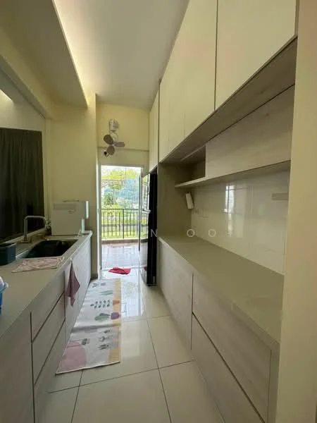 Kitchen features: single-bowl stainless-steel sink, chrome pull-down faucet, light-colored cabinetry, flat-panel cabinet doors, white countertop, tile backsplash, recessed downlights, floor-to-ceiling windows, sliding glass door, white tiled flooring, ceiling fan, open shelving; style: modern; view: garden.