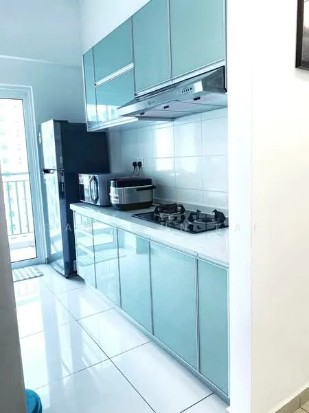 Kitchen features: light blue cabinetry, white countertop, stainless-steel gas hob, built-in stainless-steel range hood, built-in microwave, freestanding fridge, white tiled backsplash, white tiled flooring, balcony access door; style: modern.