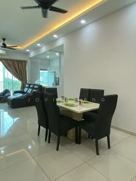 Dining features: 6-seater dining table, black upholstered dining chairs, white tabletop, ceramic tile flooring, recessed downlights, floor-to-ceiling windows, curtains, decorative wall mirror, open layout to living area, ceiling fan; style: modern; view: garden. Living features: L-shape sectional sofa in black, coffee table, TV console, area rug, wall-mounted TV; style: modern; view: garden.
