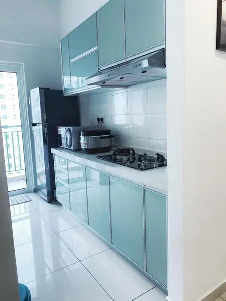 Kitchen features: light blue glass cabinetry, white tiled backsplash, white countertop, stainless-steel gas hob with 2 burners, built-in stainless-steel range hood, stainless-steel refrigerator, microwave, white ceramic tile flooring, floor-to-ceiling windows, sliding glass door leading to balcony; style: modern; view: city.