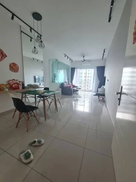 Living features: white painted walls, glossy tile flooring, ceiling fan, large windows with city view, grey curtains, sofa in dark color, coffee table, dining table with chairs, decorative wall art, open layout, sliding glass door; style: modern; view: city.