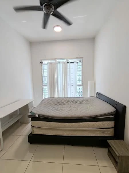 Bedroom features: queen-size bed, white walls, floor-to-ceiling windows, sheer curtains, ceiling fan, tile flooring, study desk, nightstand; style: modern.
