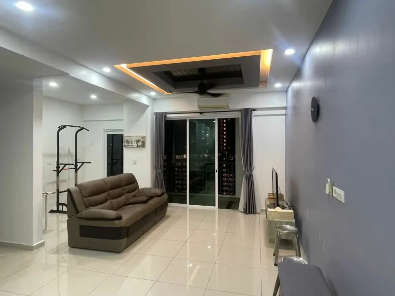 Living features: 3-seater leather sofa in brown, white painted walls, grey accent wall, polished tile flooring, recessed ceiling with LED lighting, ceiling fan, floor-to-ceiling sliding glass door, sheer curtains, TV console, decorative wall clock; style: modern; view: city.